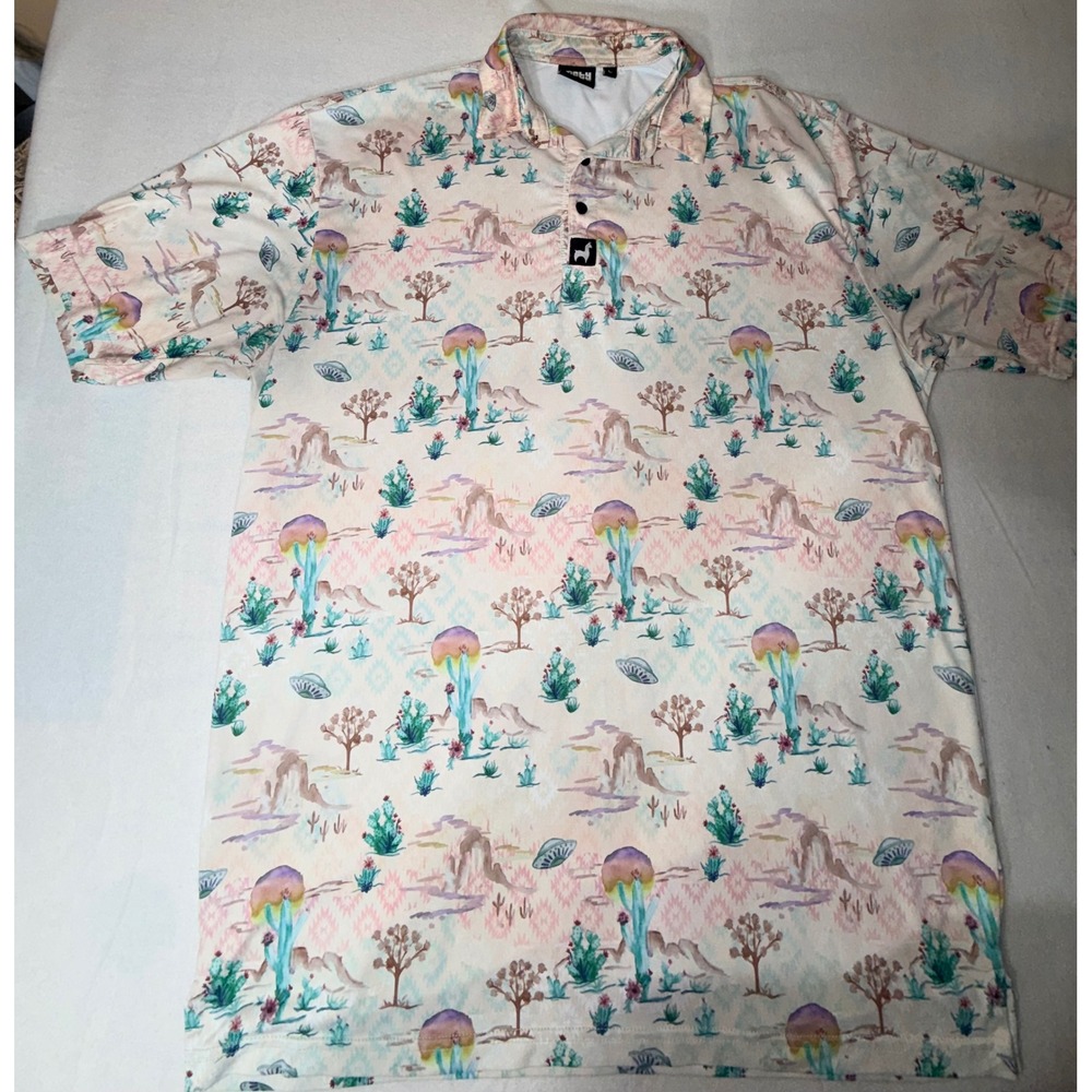 Lofty Llama Polo Shirt Mens Large Pink Desert UFO Cactus Golf Top